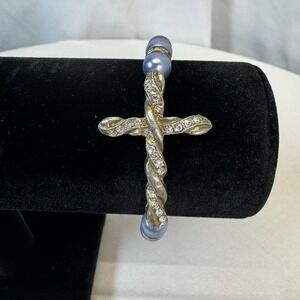 Vintage Purple & Blue Beaded Stretch Bracelet With Cross